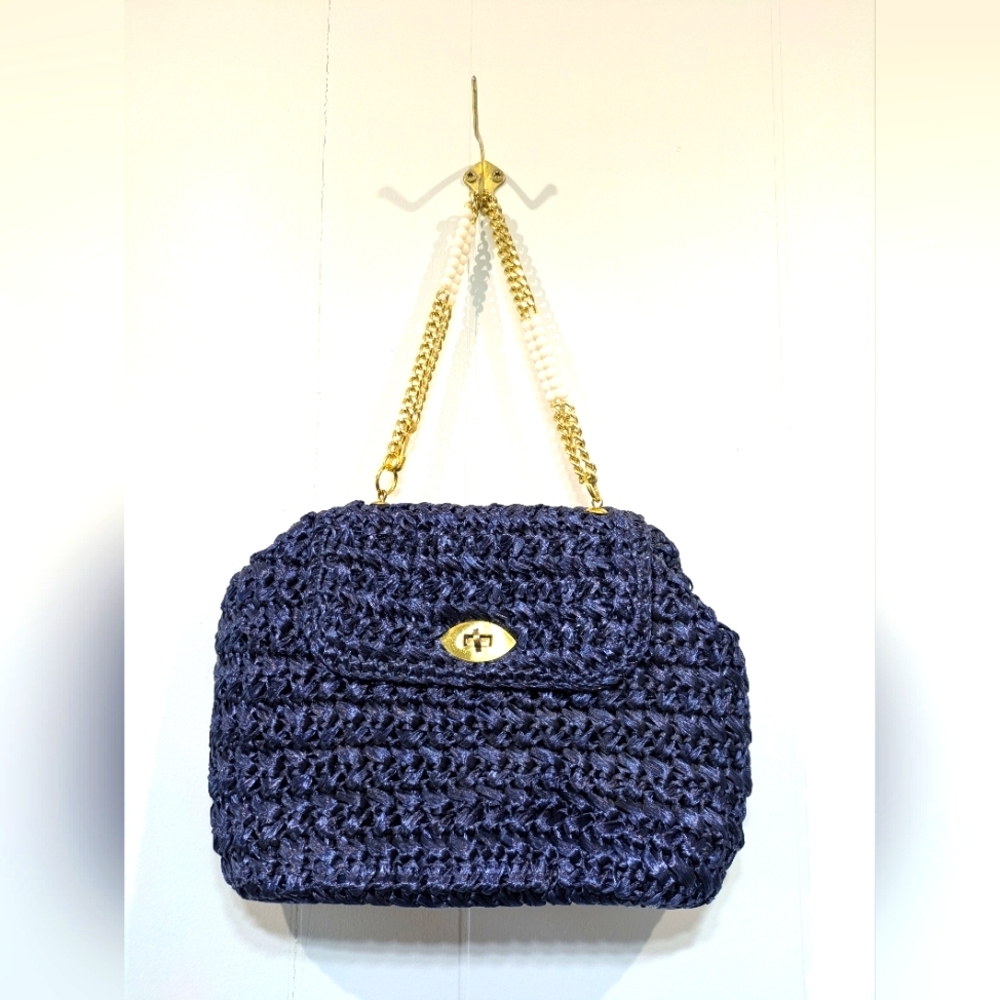 Gaymode‎ Handbag Navy Straw Vintage 60s Gold Chain Turn Lock Japan